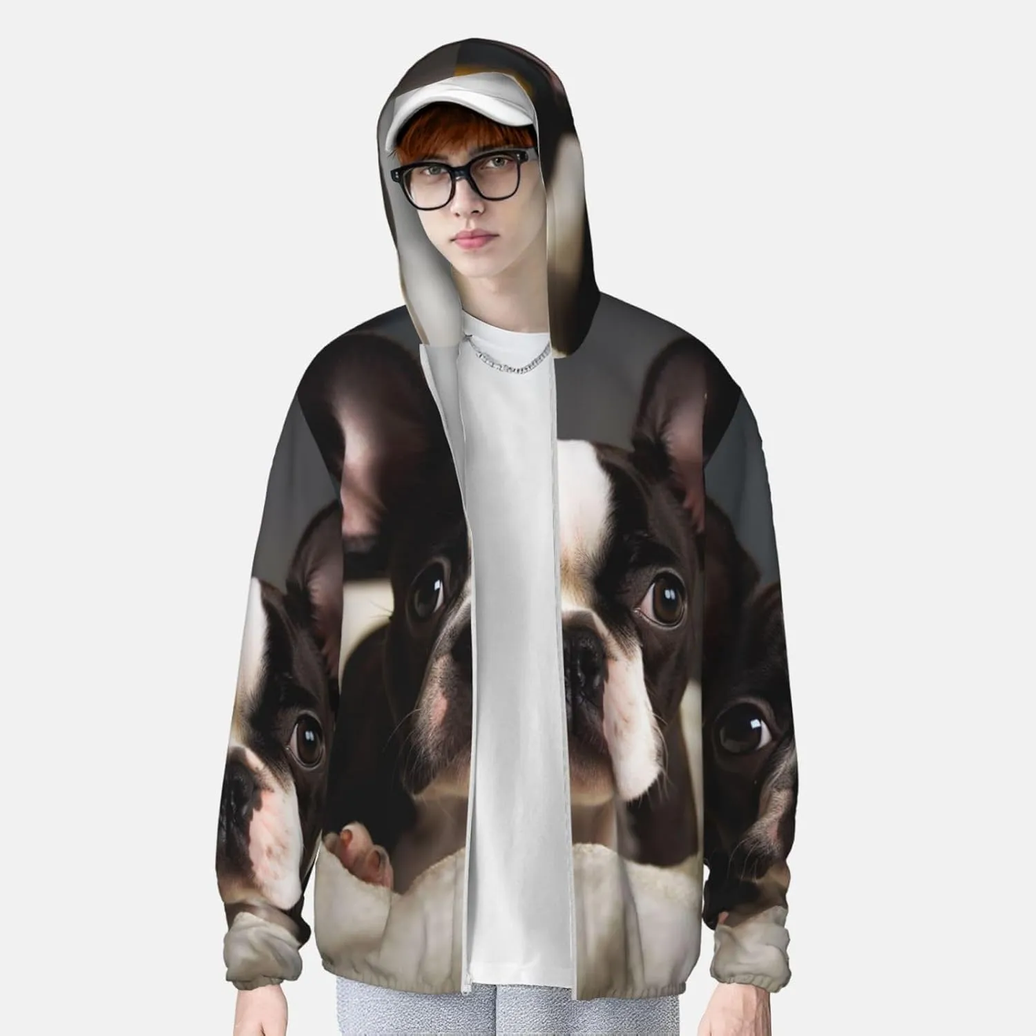 Men's UPF 50  Sun Protection Hoodie Cute Boston Terrier Long Sleeve Sun Shirts Full Zip Light Fishing Jacket