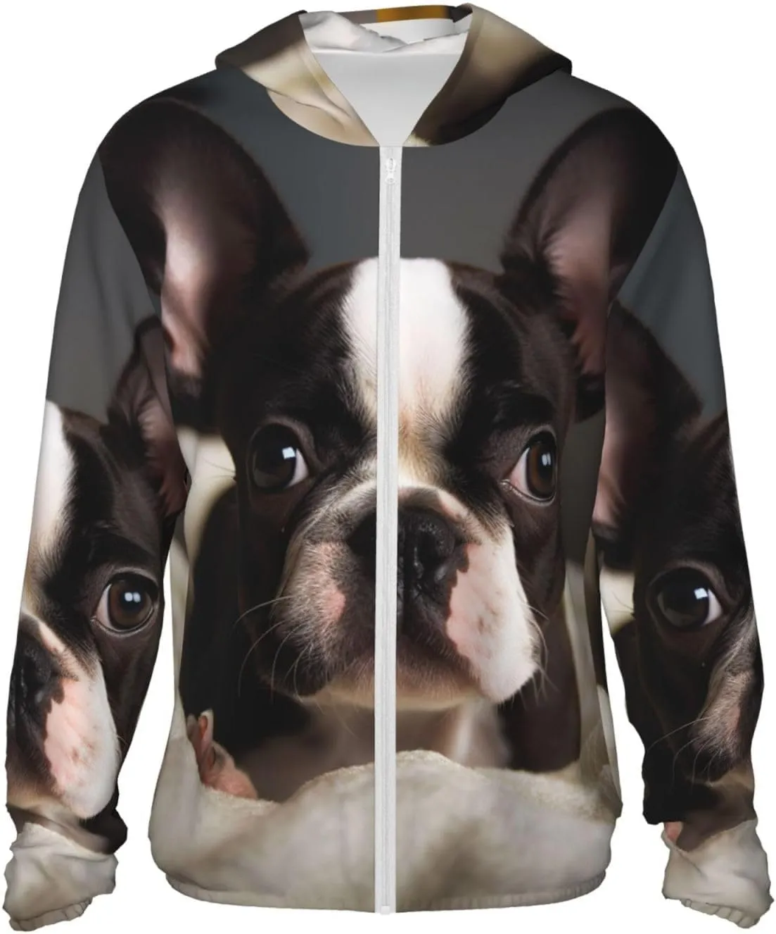 Men's UPF 50  Sun Protection Hoodie Cute Boston Terrier Long Sleeve Sun Shirts Full Zip Light Fishing Jacket