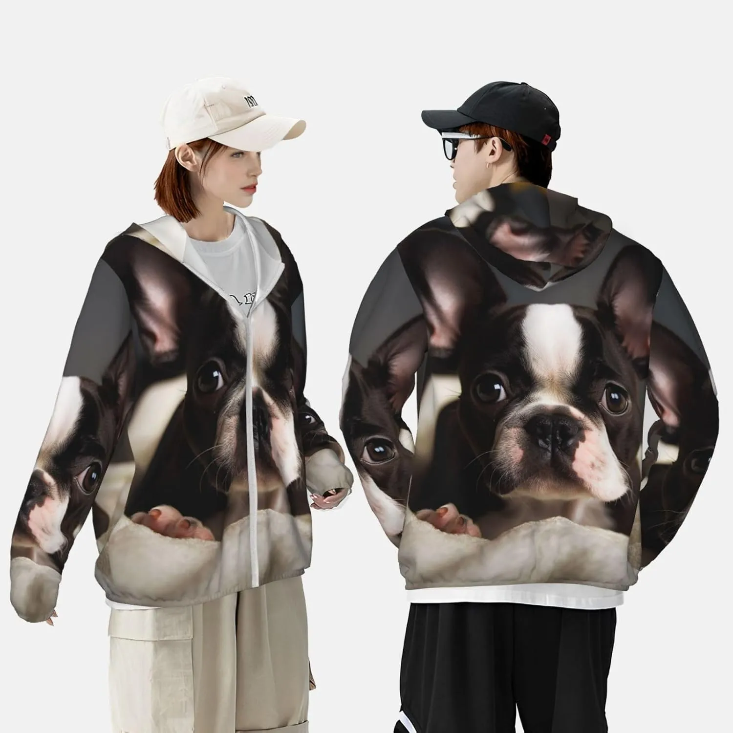 Men's UPF 50  Sun Protection Hoodie Cute Boston Terrier Long Sleeve Sun Shirts Full Zip Light Fishing Jacket