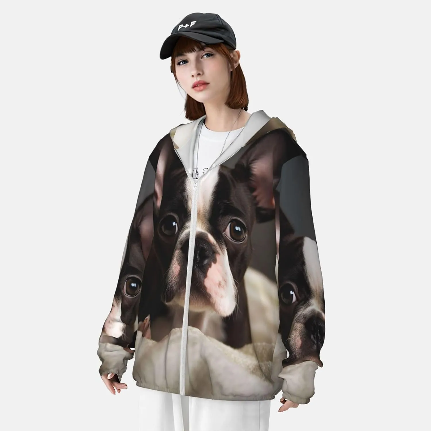Men's UPF 50  Sun Protection Hoodie Cute Boston Terrier Long Sleeve Sun Shirts Full Zip Light Fishing Jacket