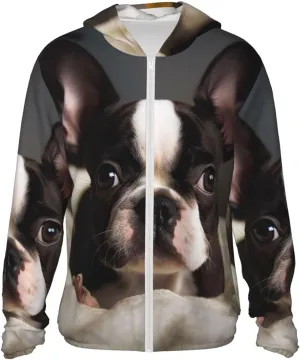 Men's UPF 50  Sun Protection Hoodie Cute Boston Terrier Long Sleeve Sun Shirts Full Zip Light Fishing Jacket