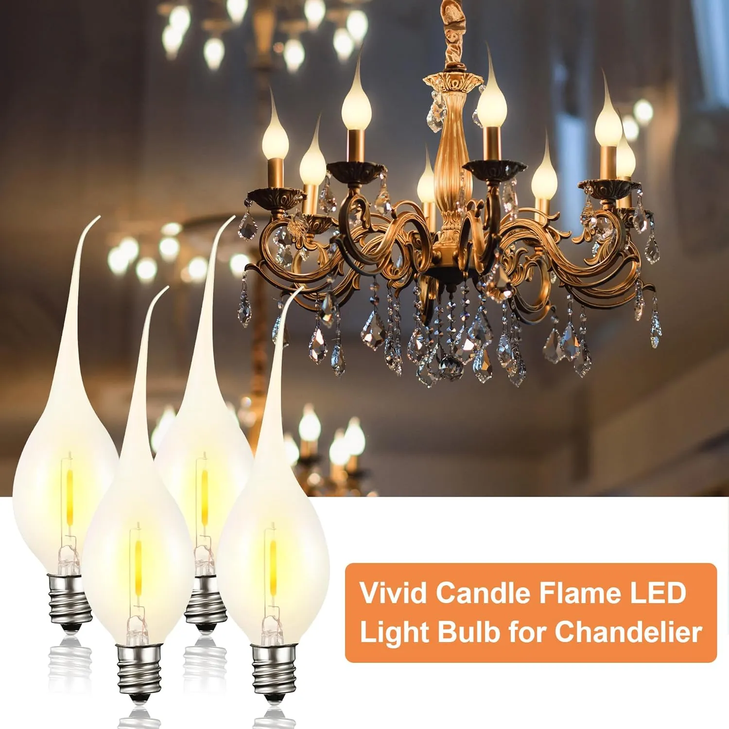 Meonum 12 Pcs Silicone Dipped Candle Light Bulbs, LED Silicone Candle Bulbs, 0.7 Watts Chandelier Light, C7 Lamps, E12 120V White Soft Coating Lighting for Window Candelabra, Chandelier (Gold Glow)
