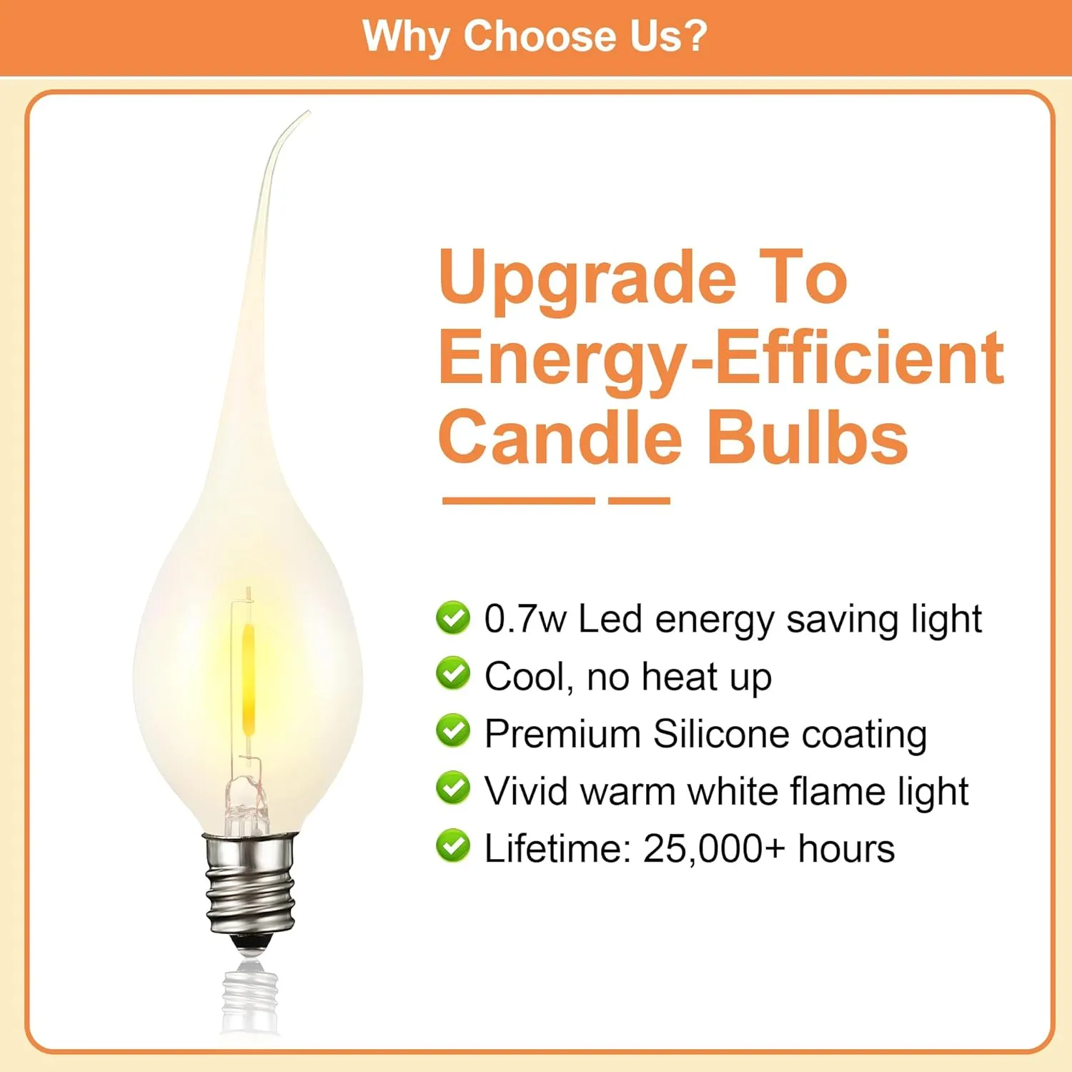 Meonum 12 Pcs Silicone Dipped Candle Light Bulbs, LED Silicone Candle Bulbs, 0.7 Watts Chandelier Light, C7 Lamps, E12 120V White Soft Coating Lighting for Window Candelabra, Chandelier (Gold Glow)