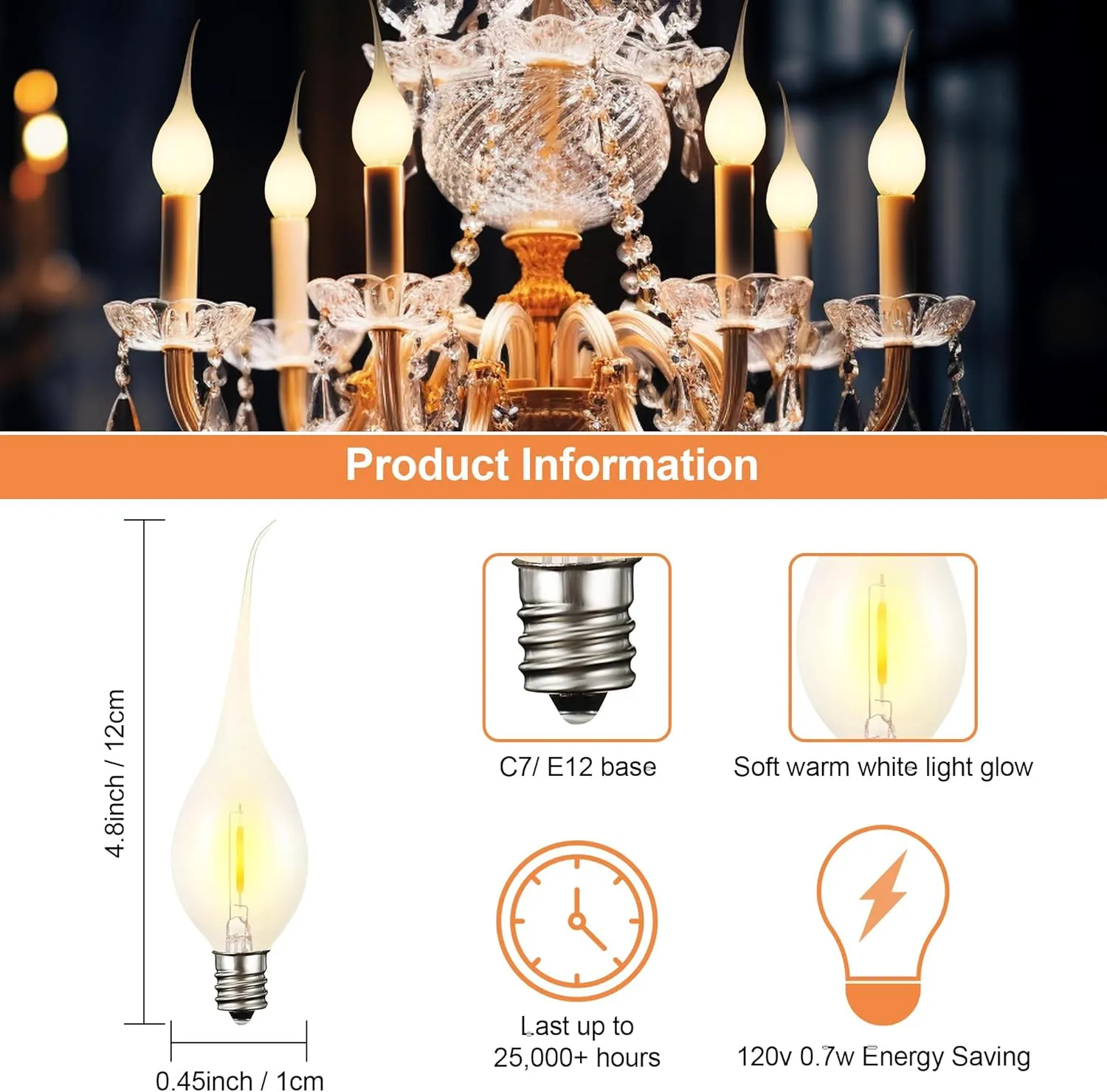 Meonum 12 Pcs Silicone Dipped Candle Light Bulbs, LED Silicone Candle Bulbs, 0.7 Watts Chandelier Light, C7 Lamps, E12 120V White Soft Coating Lighting for Window Candelabra, Chandelier (Gold Glow)