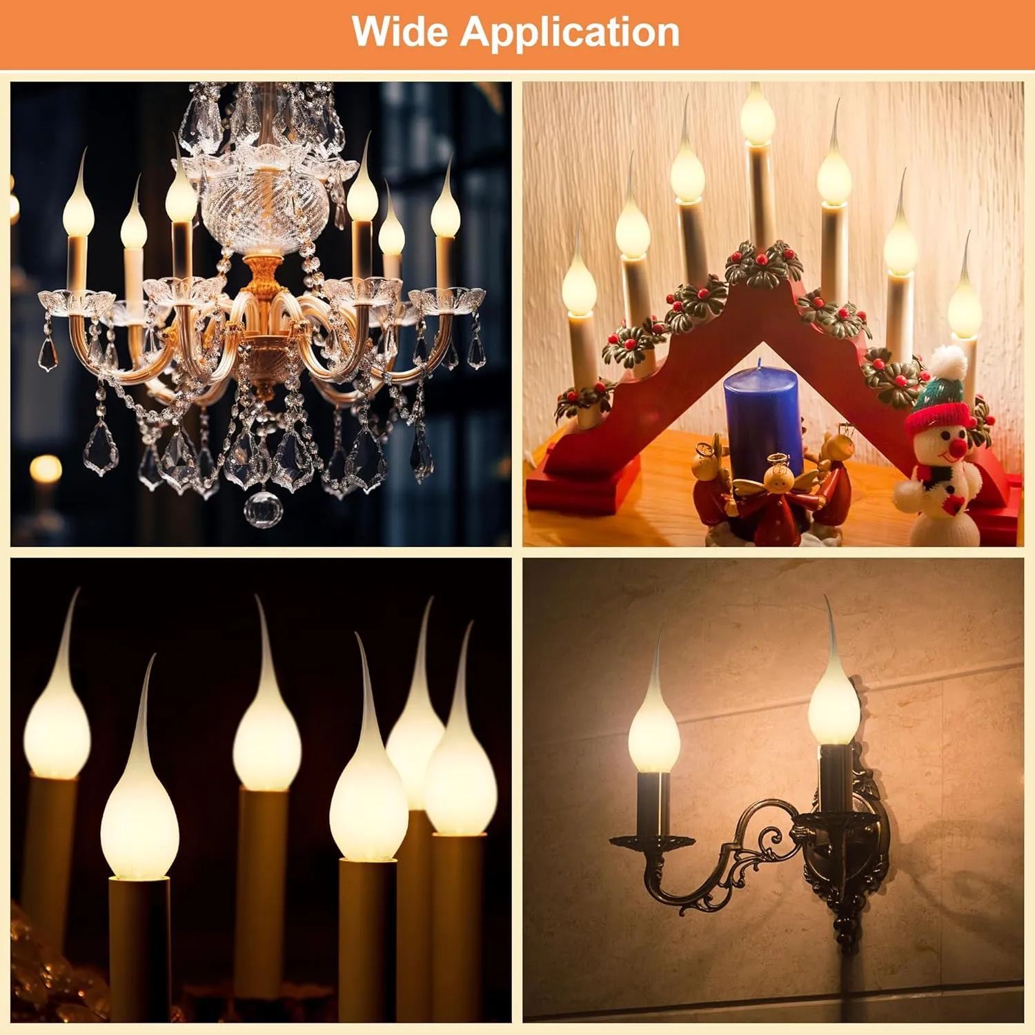 Meonum 12 Pcs Silicone Dipped Candle Light Bulbs, LED Silicone Candle Bulbs, 0.7 Watts Chandelier Light, C7 Lamps, E12 120V White Soft Coating Lighting for Window Candelabra, Chandelier (Gold Glow)