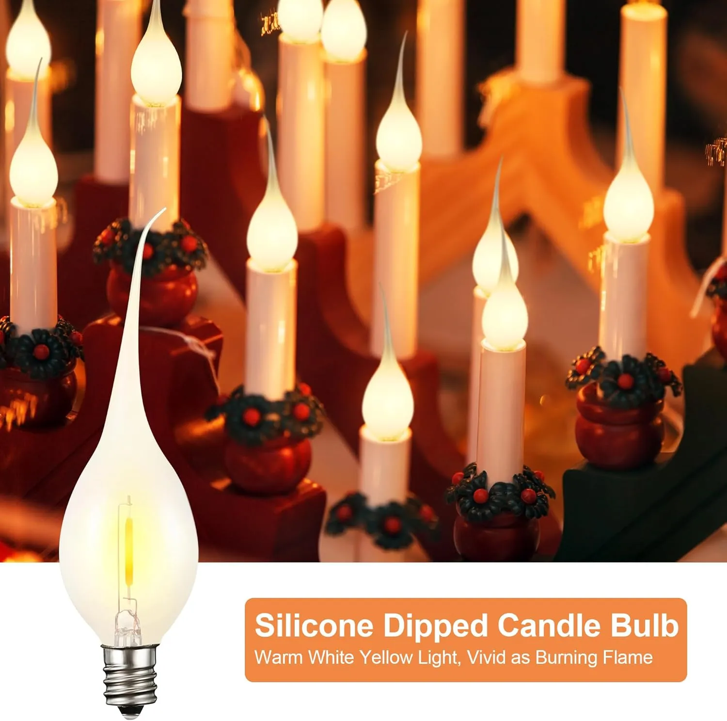 Meonum 12 Pcs Silicone Dipped Candle Light Bulbs, LED Silicone Candle Bulbs, 0.7 Watts Chandelier Light, C7 Lamps, E12 120V White Soft Coating Lighting for Window Candelabra, Chandelier (Gold Glow)