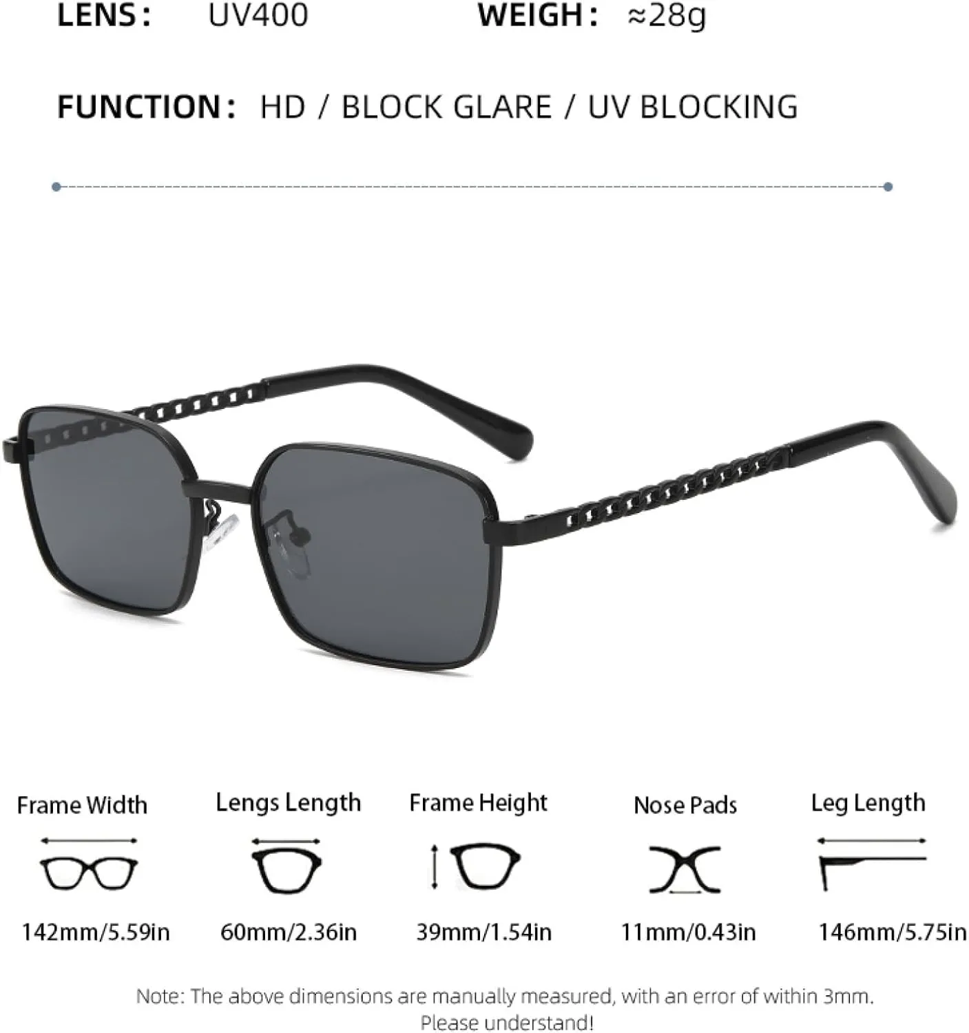 Metal frame Sunnies, with Chain Temples. Lightweight, Great for Driving, and Versatile.