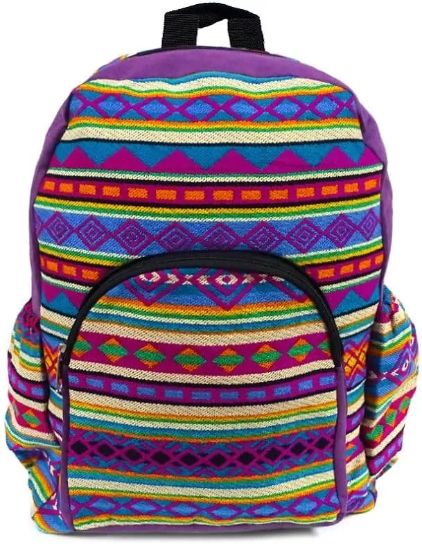 Mia Jewel Shop Large Aztec Tribal Striped Backpack – Cushioned Bookbag with Bottle Holder, Handmade Boho Travel Bag (Purple/Magenta/Multi)