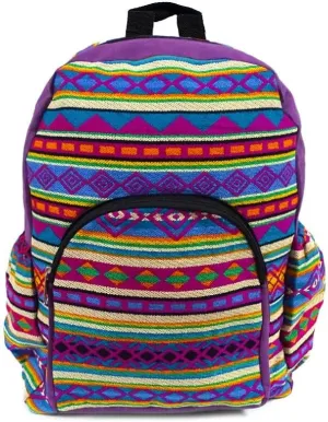 Mia Jewel Shop Large Aztec Tribal Striped Backpack – Cushioned Bookbag with Bottle Holder, Handmade Boho Travel Bag (Purple/Magenta/Multi)