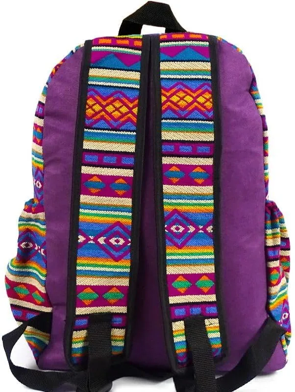 Mia Jewel Shop Large Aztec Tribal Striped Backpack – Cushioned Bookbag with Bottle Holder, Handmade Boho Travel Bag (Purple/Magenta/Multi)