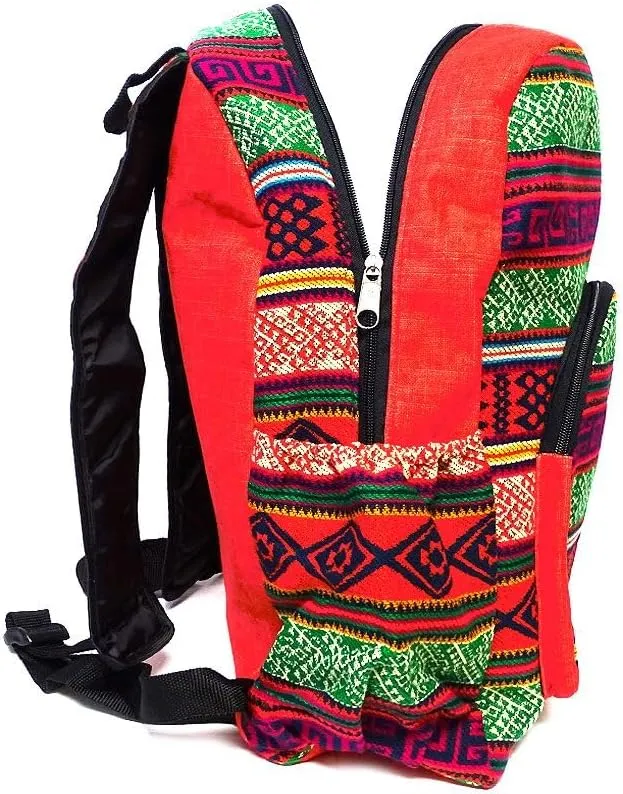 Mia Jewel Shop Large Aztec Tribal Striped Backpack – Cushioned Bookbag with Bottle Holder, Handmade Boho Travel Bag (Red-Orange/Multi)