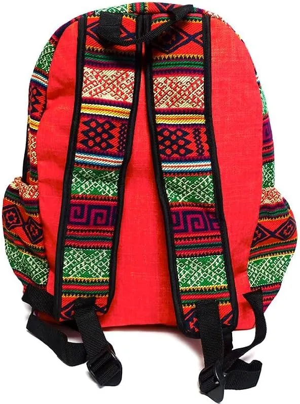 Mia Jewel Shop Large Aztec Tribal Striped Backpack – Cushioned Bookbag with Bottle Holder, Handmade Boho Travel Bag (Red-Orange/Multi)