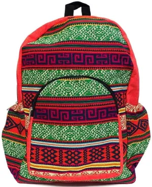 Mia Jewel Shop Large Aztec Tribal Striped Backpack – Cushioned Bookbag with Bottle Holder, Handmade Boho Travel Bag (Red-Orange/Multi)