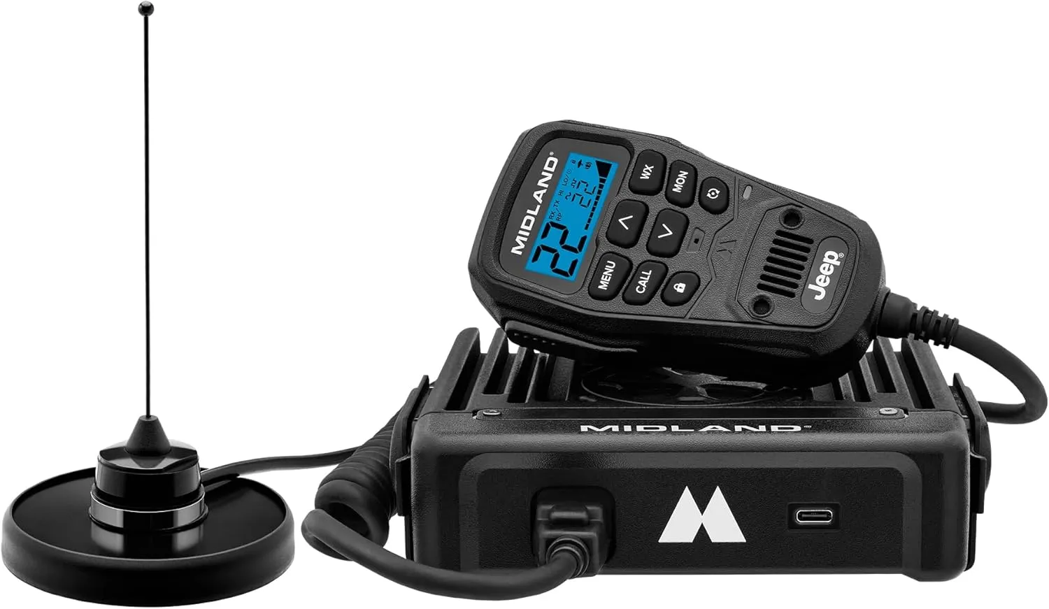 Midland - MXT575J - Jeep 50 Watt GMRS MicroMobile Two-Way Radio - Farms Ranches Overlanding Trails Off-Roaders - 8 Repeater Channels - Compact Design External Magnetic Mount 2.1dB Unity Gain Antenna