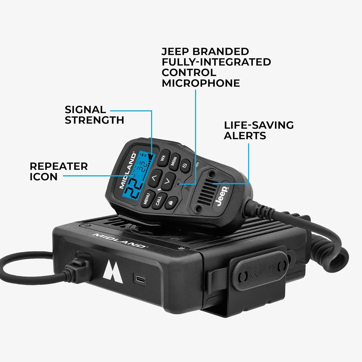 Midland - MXT575J - Jeep 50 Watt GMRS MicroMobile Two-Way Radio - Farms Ranches Overlanding Trails Off-Roaders - 8 Repeater Channels - Compact Design External Magnetic Mount 2.1dB Unity Gain Antenna