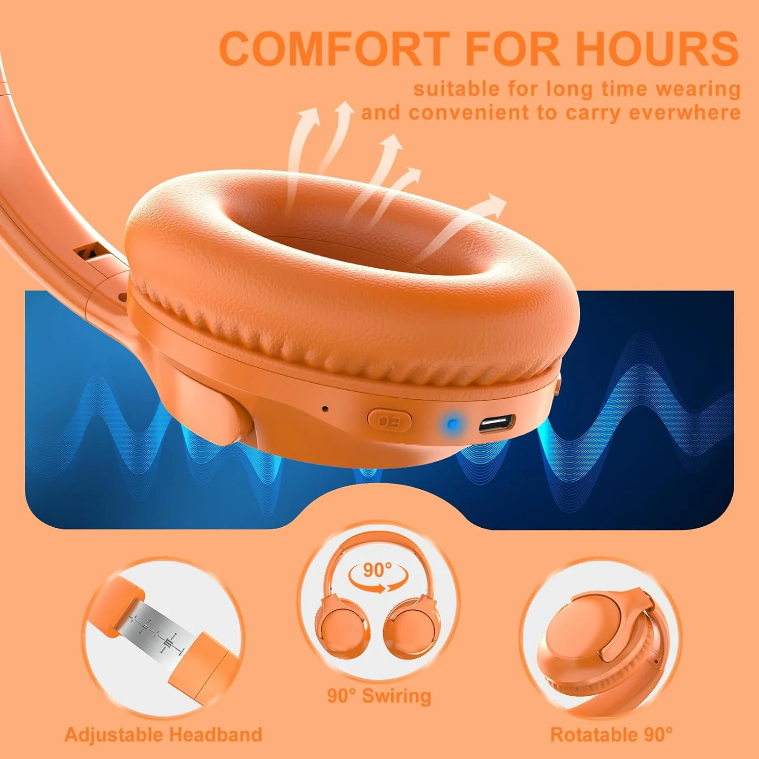 MIDOLA Bluetooth Headphones Over Ear 68H Playtime 6 EQ Wireless Headset with Microphone HiFi Stereo Foldable Lightweight Deep Bass for Travel Home Office Cellphone Orange