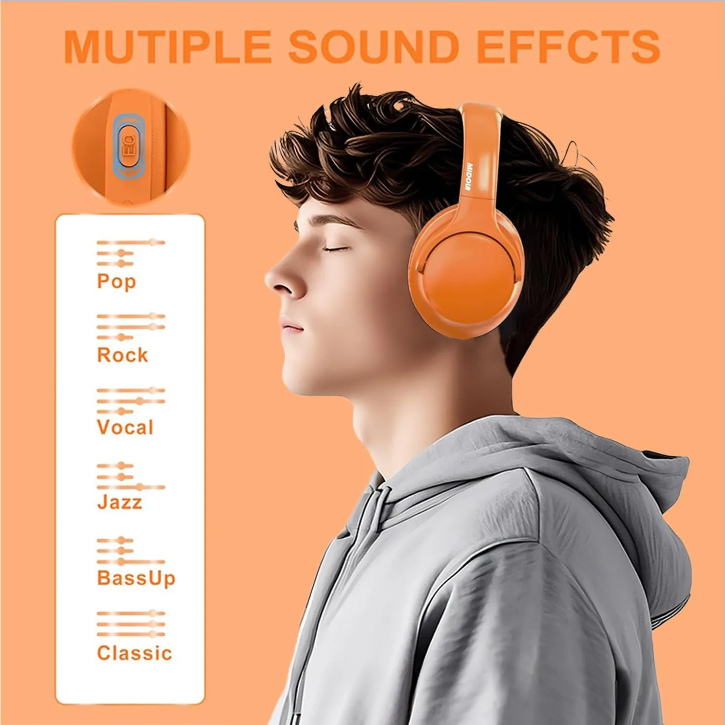 MIDOLA Bluetooth Headphones Over Ear 68H Playtime 6 EQ Wireless Headset with Microphone HiFi Stereo Foldable Lightweight Deep Bass for Travel Home Office Cellphone Orange