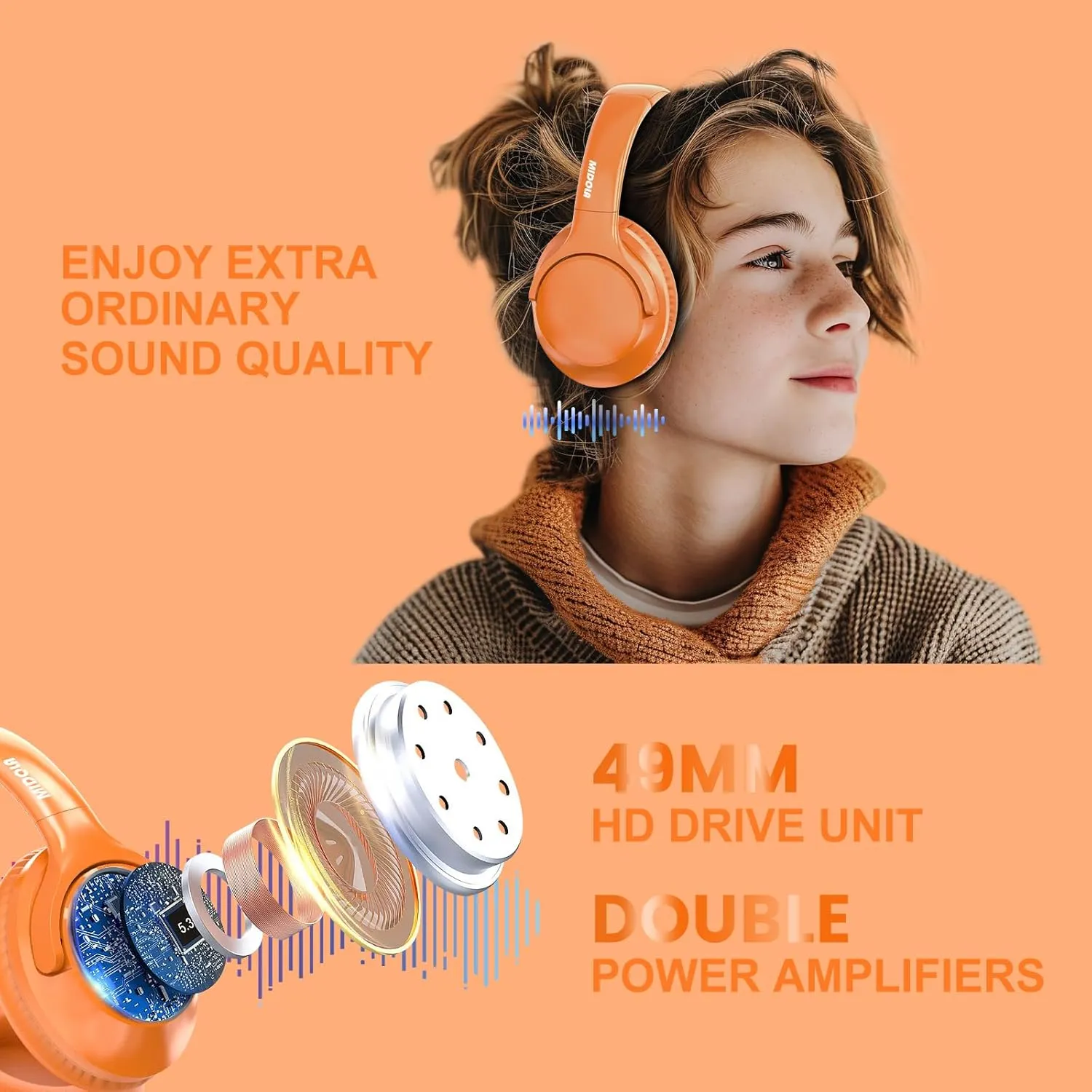 MIDOLA Bluetooth Headphones Over Ear 68H Playtime 6 EQ Wireless Headset with Microphone HiFi Stereo Foldable Lightweight Deep Bass for Travel Home Office Cellphone Orange
