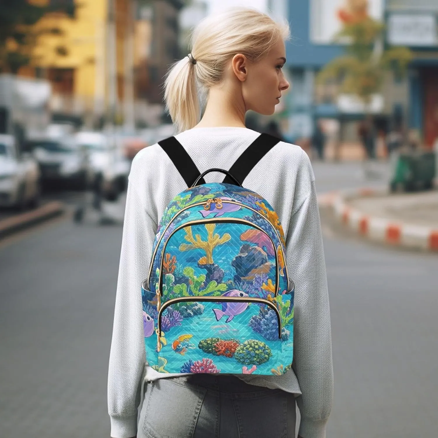 Mini Backpack Quilted Purse for Womens Small Backpack Daypack Coral Design for Travel Daily Work,Multi12