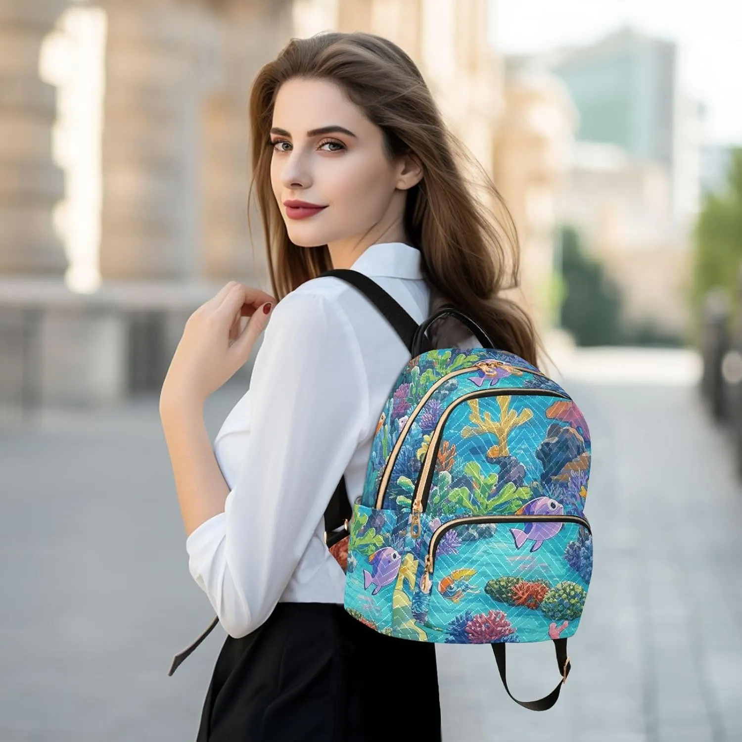 Mini Backpack Quilted Purse for Womens Small Backpack Daypack Coral Design for Travel Daily Work,Multi12