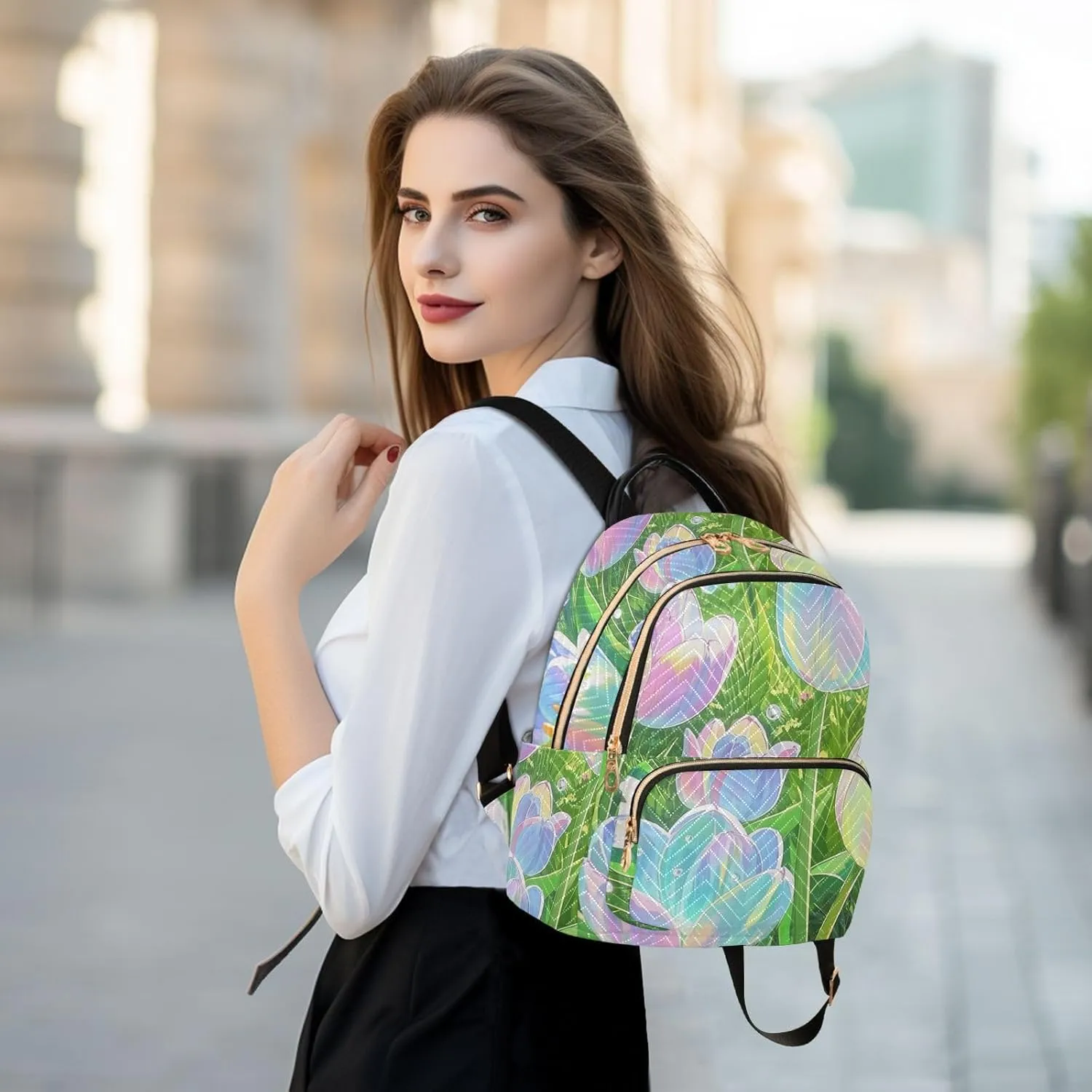Mini Backpack Quilted Purse for Womens Small Backpack Daypack Tulips Pattern for Travel Daily Work,Multi2