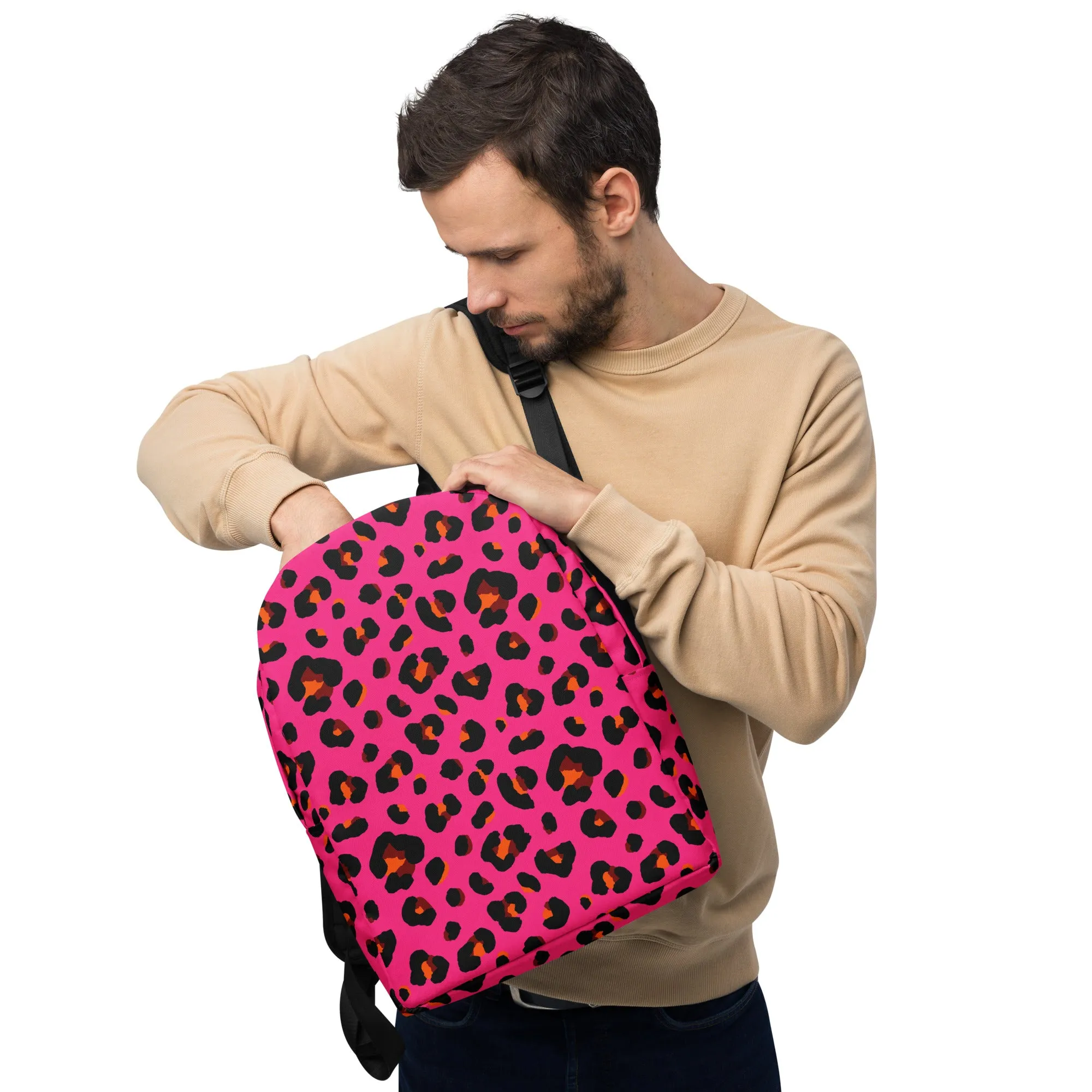 Minimalist Backpack |  Leopard Print in Pink, Orange and Black