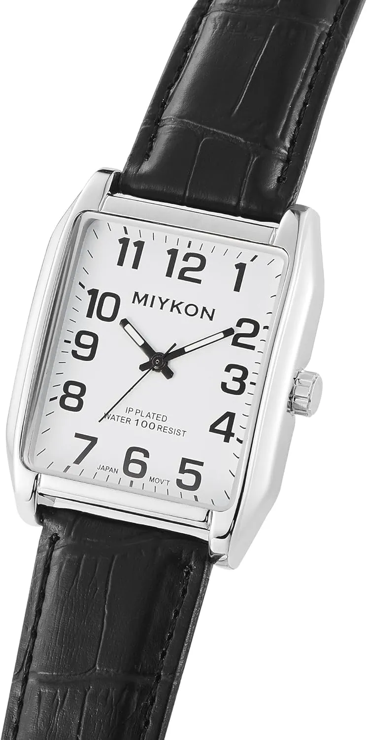 Miykon Vintage Watches for Men - Tank Square Analog Watch with Genuine Leather Wrist Strap for Classic Dress - Ion Polished, Scratch Resistant Glass, Japanese Quartz, Waterproof to 100ft