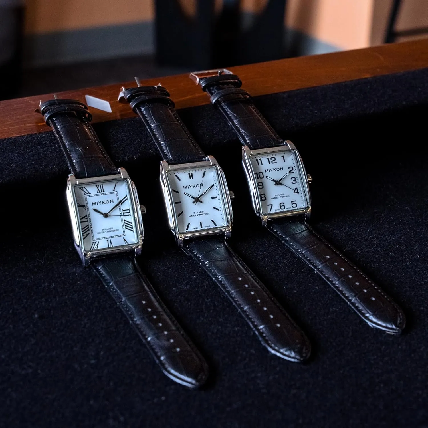 Miykon Vintage Watches for Men - Tank Square Analog Watch with Genuine Leather Wrist Strap for Classic Dress - Ion Polished, Scratch Resistant Glass, Japanese Quartz, Waterproof to 100ft