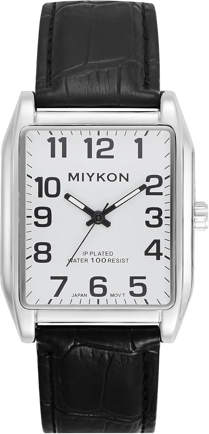 Miykon Vintage Watches for Men - Tank Square Analog Watch with Genuine Leather Wrist Strap for Classic Dress - Ion Polished, Scratch Resistant Glass, Japanese Quartz, Waterproof to 100ft
