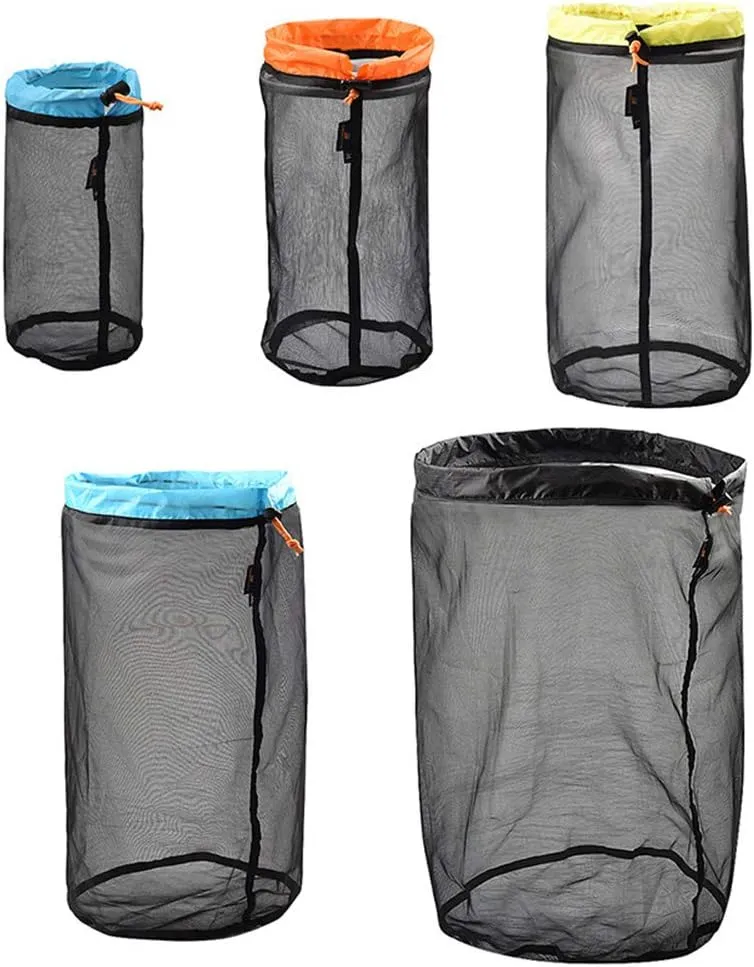 Mollytek Mesh Stuff Sack Set (S&M&L&XL&XXL) Nylon Mesh Drawstring Storage Bag Ultralight Ditty Bags for Camping Travel Hiking Outdoor Sports Backpacking Sleeping Bag Set of 5