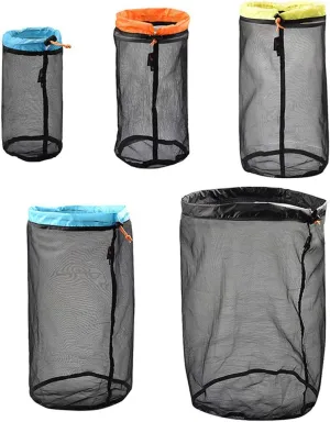Mollytek Mesh Stuff Sack Set (S&M&L&XL&XXL) Nylon Mesh Drawstring Storage Bag Ultralight Ditty Bags for Camping Travel Hiking Outdoor Sports Backpacking Sleeping Bag Set of 5