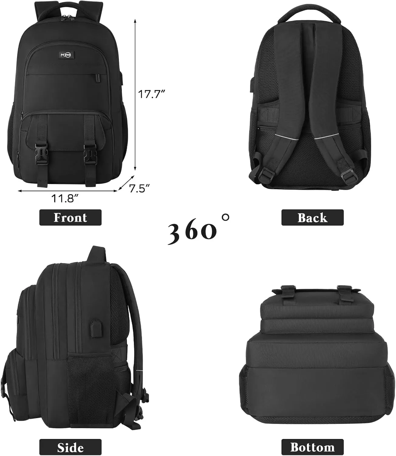 MOMUVO School Backpack for Teens Boys and Girls,15.6 Inch Laptop Backpack Unisex Bookbag with USB Charging Port Water-Resistant Schoolbag Casual Daypack-Black