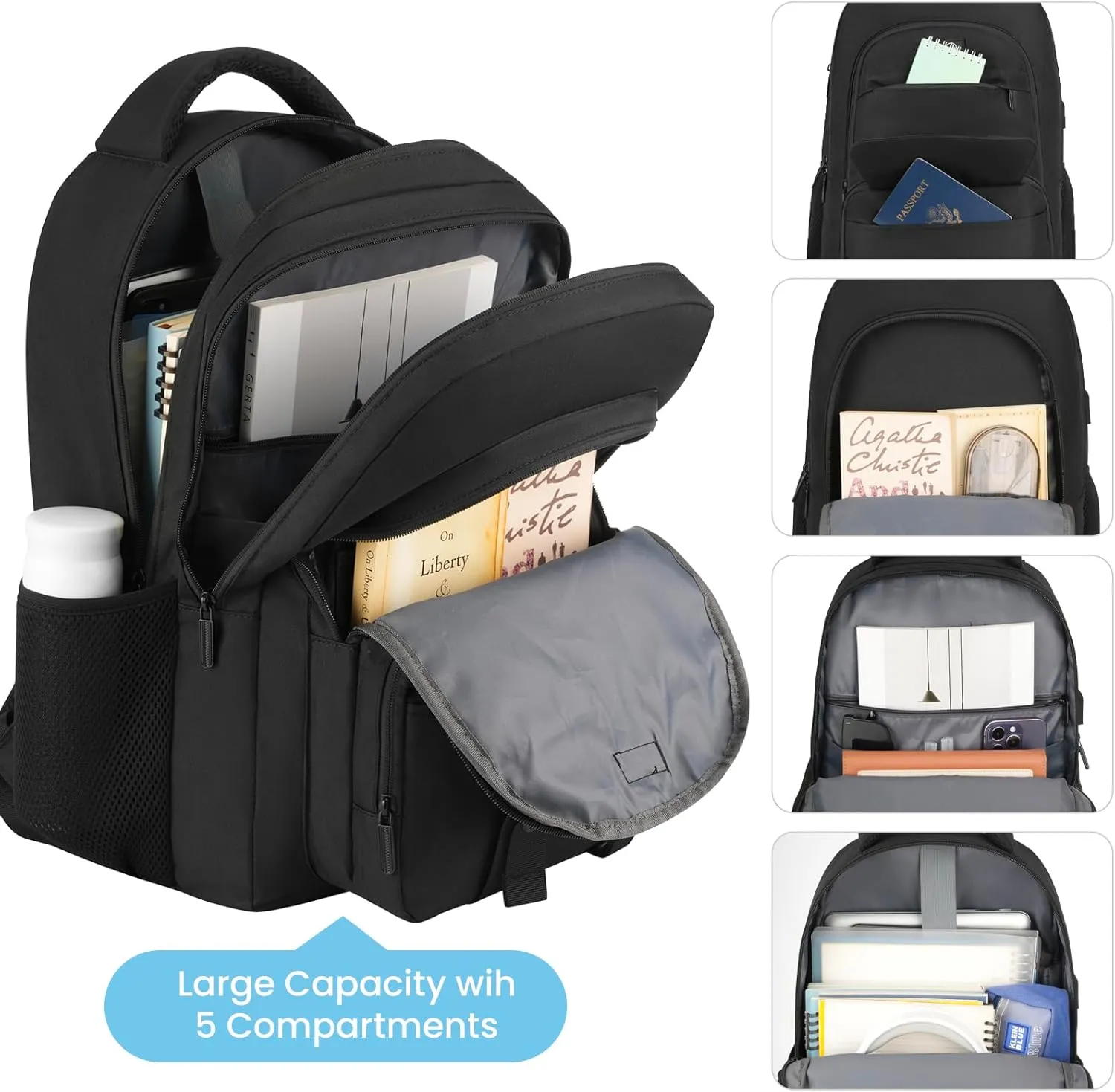 MOMUVO School Backpack for Teens Boys and Girls,15.6 Inch Laptop Backpack Unisex Bookbag with USB Charging Port Water-Resistant Schoolbag Casual Daypack-Black