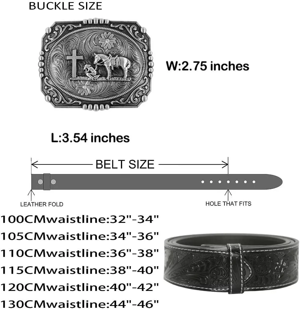 Moranse Belts With Religion Cross Cowboy Kneeling Prayer Buckle,Genuine Cow Leather,Classic and Retro Pattern Fashion Designs