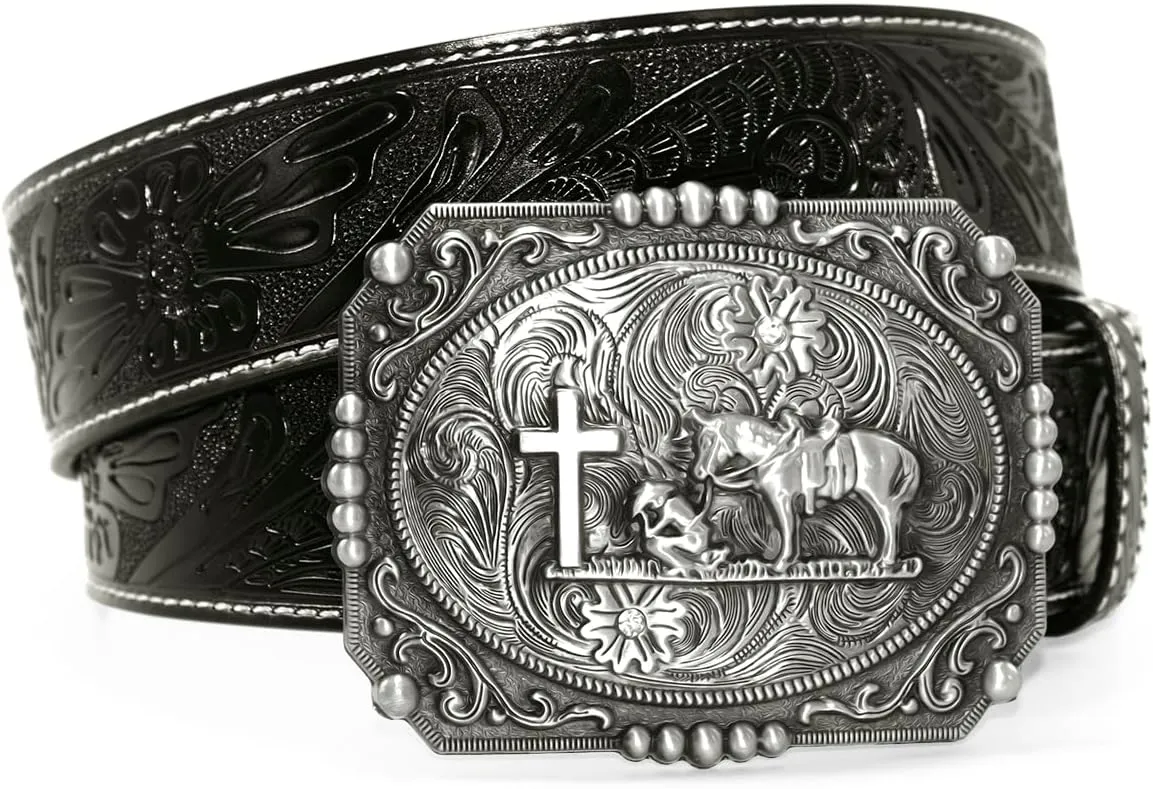 Moranse Belts With Religion Cross Cowboy Kneeling Prayer Buckle,Genuine Cow Leather,Classic and Retro Pattern Fashion Designs