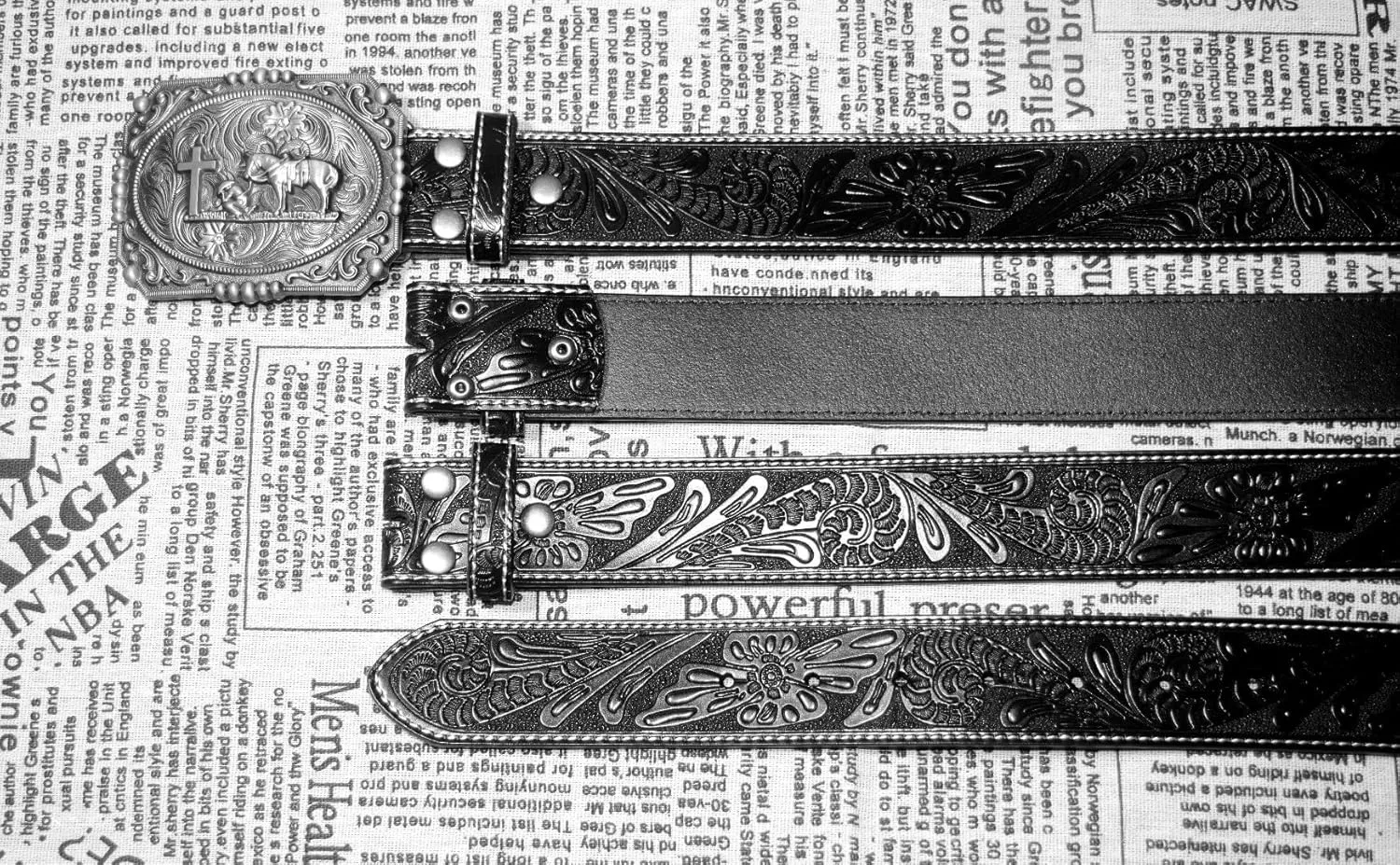 Moranse Belts With Religion Cross Cowboy Kneeling Prayer Buckle,Genuine Cow Leather,Classic and Retro Pattern Fashion Designs