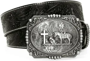 Moranse Belts With Religion Cross Cowboy Kneeling Prayer Buckle,Genuine Cow Leather,Classic and Retro Pattern Fashion Designs