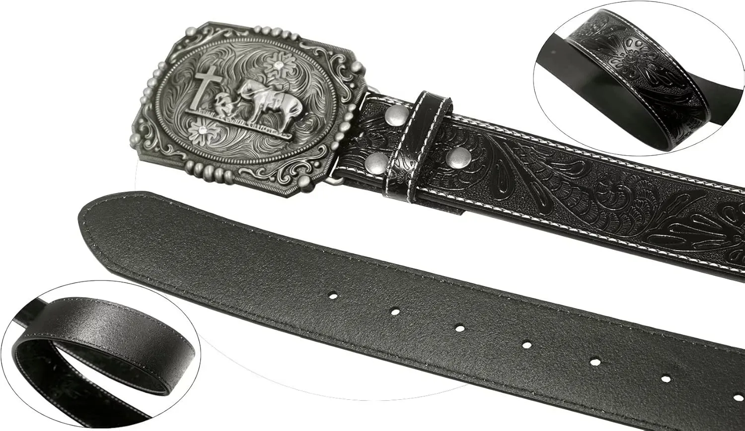 Moranse Belts With Religion Cross Cowboy Kneeling Prayer Buckle,Genuine Cow Leather,Classic and Retro Pattern Fashion Designs