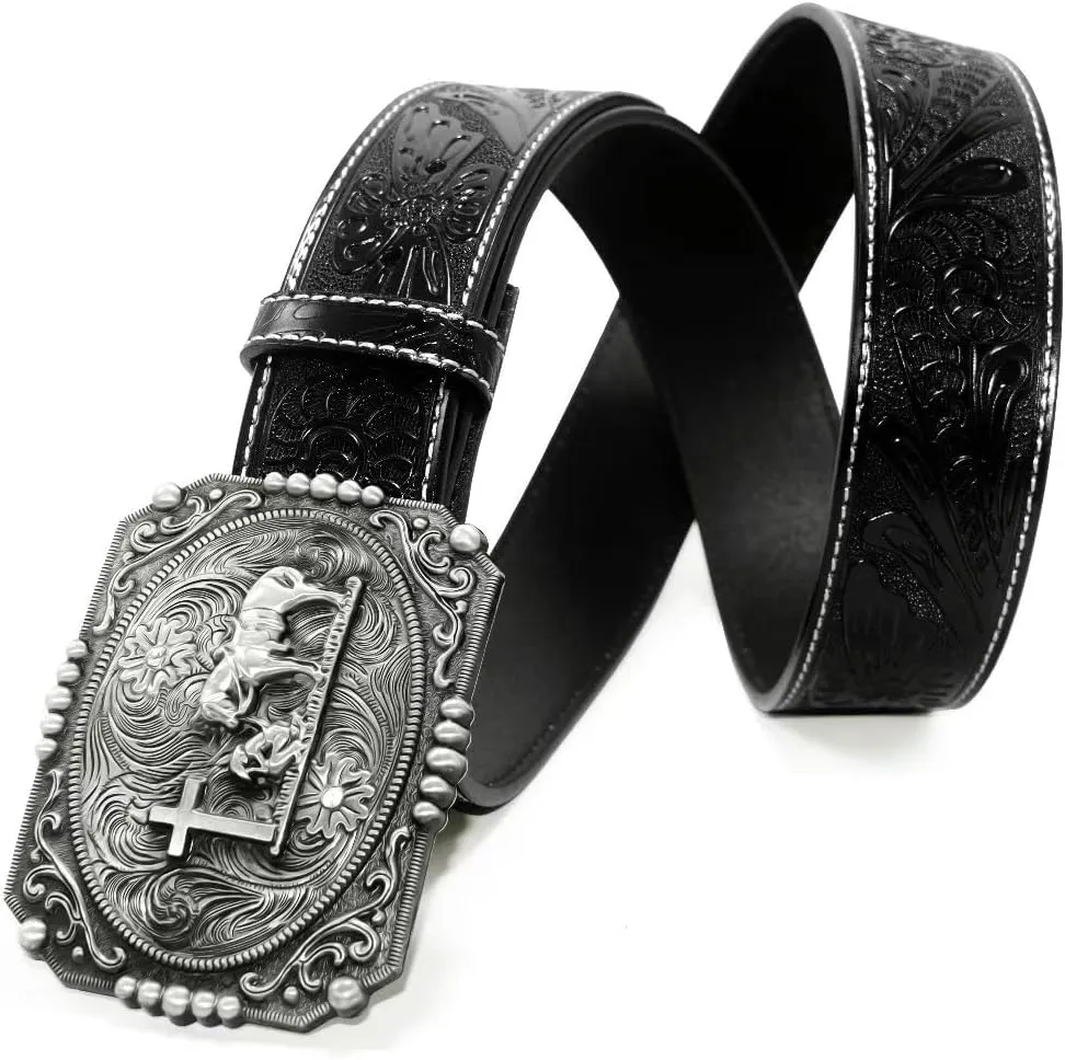 Moranse Belts With Religion Cross Cowboy Kneeling Prayer Buckle,Genuine Cow Leather,Classic and Retro Pattern Fashion Designs