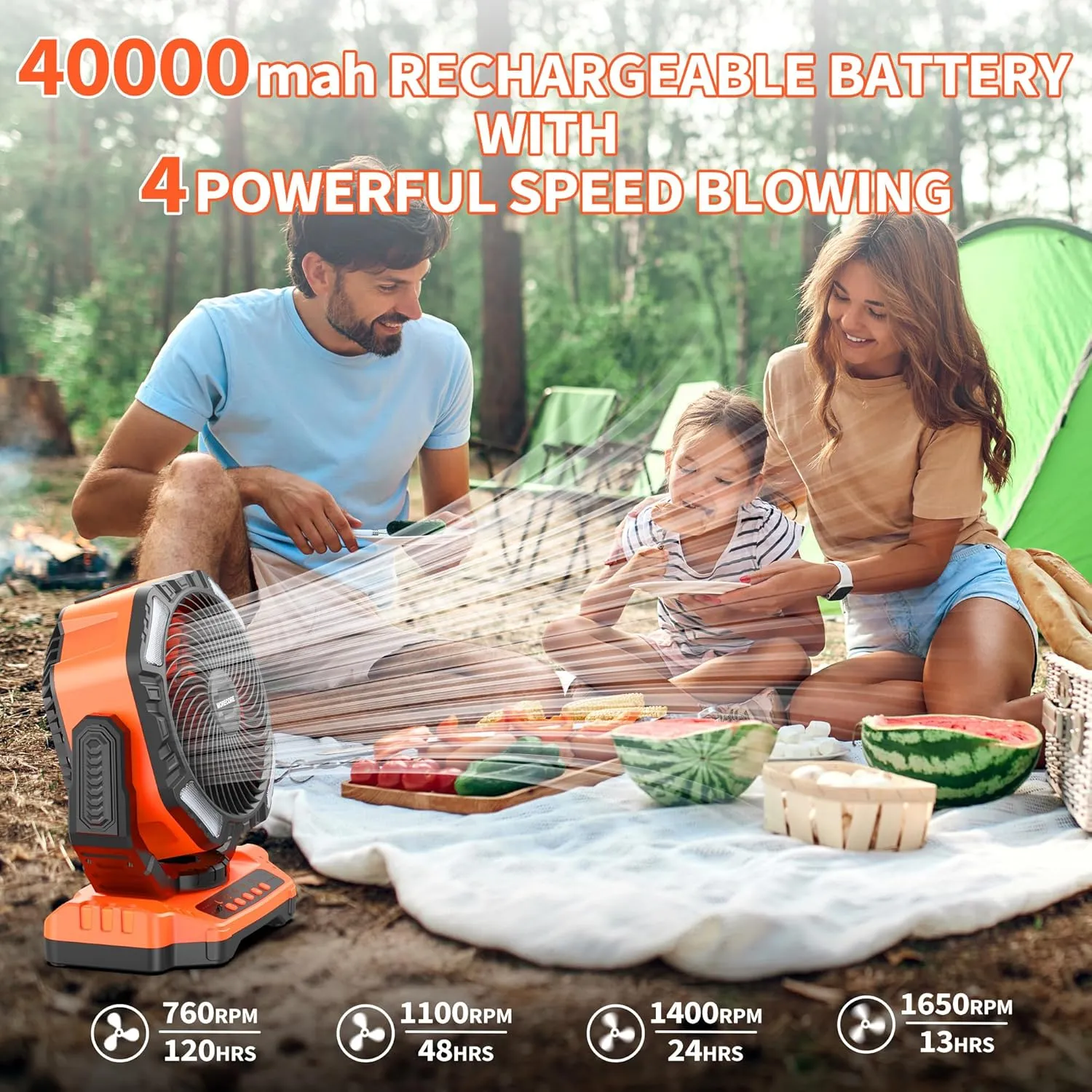 MORECORE 40000mAh Battery Operated Camping Fan with Light, 120HRS Running, Powerful 4 Speeds & Auto Oscillating, with Timer & Hook, for Travel Tent RV Emergency Hurricane Jobsite Garage-Orange