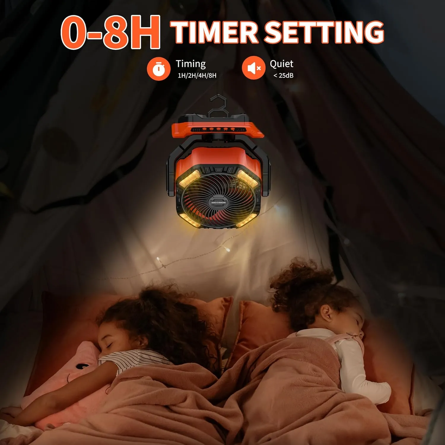 MORECORE 40000mAh Battery Operated Camping Fan with Light, 120HRS Running, Powerful 4 Speeds & Auto Oscillating, with Timer & Hook, for Travel Tent RV Emergency Hurricane Jobsite Garage-Orange