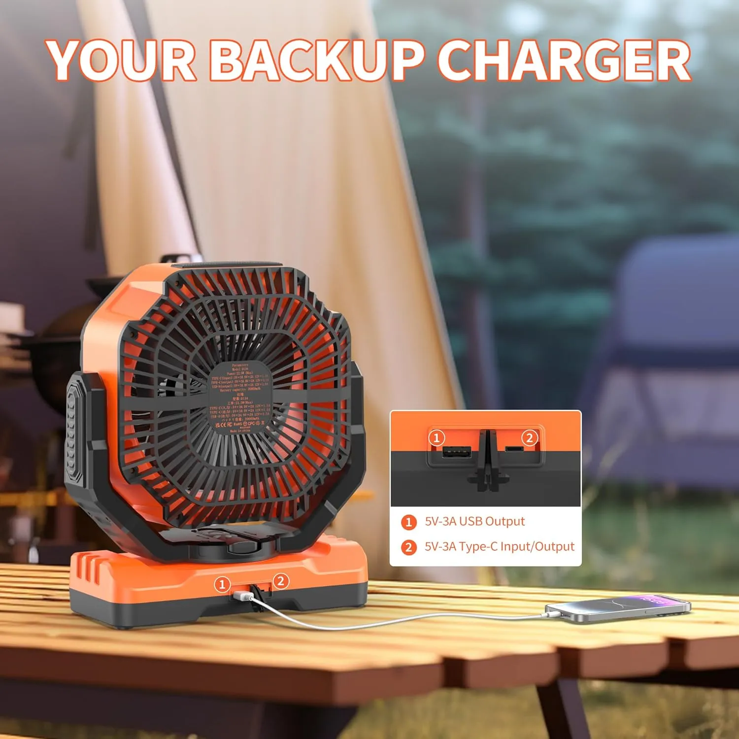 MORECORE 40000mAh Battery Operated Camping Fan with Light, 120HRS Running, Powerful 4 Speeds & Auto Oscillating, with Timer & Hook, for Travel Tent RV Emergency Hurricane Jobsite Garage-Orange