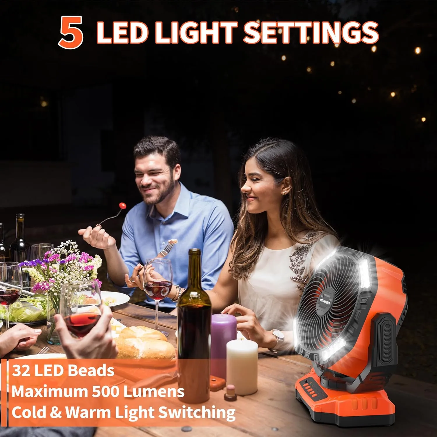 MORECORE 40000mAh Battery Operated Camping Fan with Light, 120HRS Running, Powerful 4 Speeds & Auto Oscillating, with Timer & Hook, for Travel Tent RV Emergency Hurricane Jobsite Garage-Orange