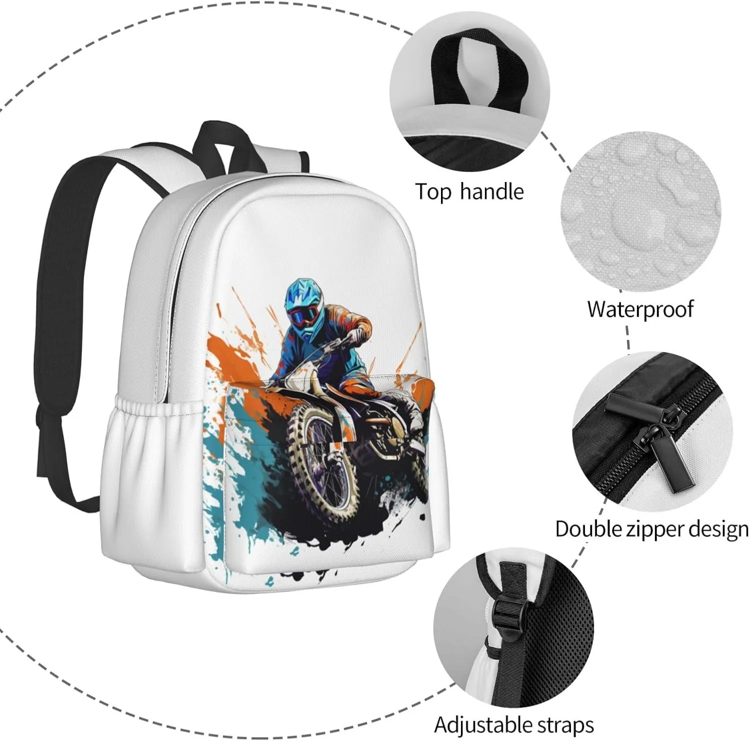 Motocross Dirt Bike Racing Flying Jump Backpack Casual Laptop Backpack Large Capacity Double Shoulder Bag Travel Daypack For Women Men