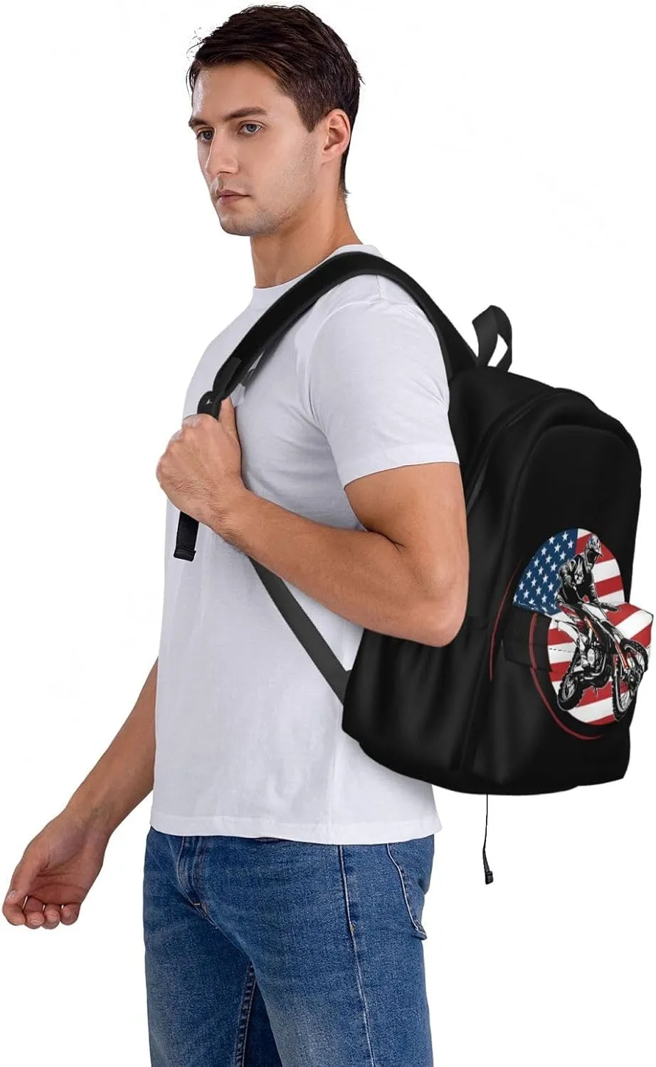 Motocross Enduro Motorbike America Flag Backpack Casual Laptop Backpack Large Capacity Double Shoulder Bag Travel Daypack For Women Men