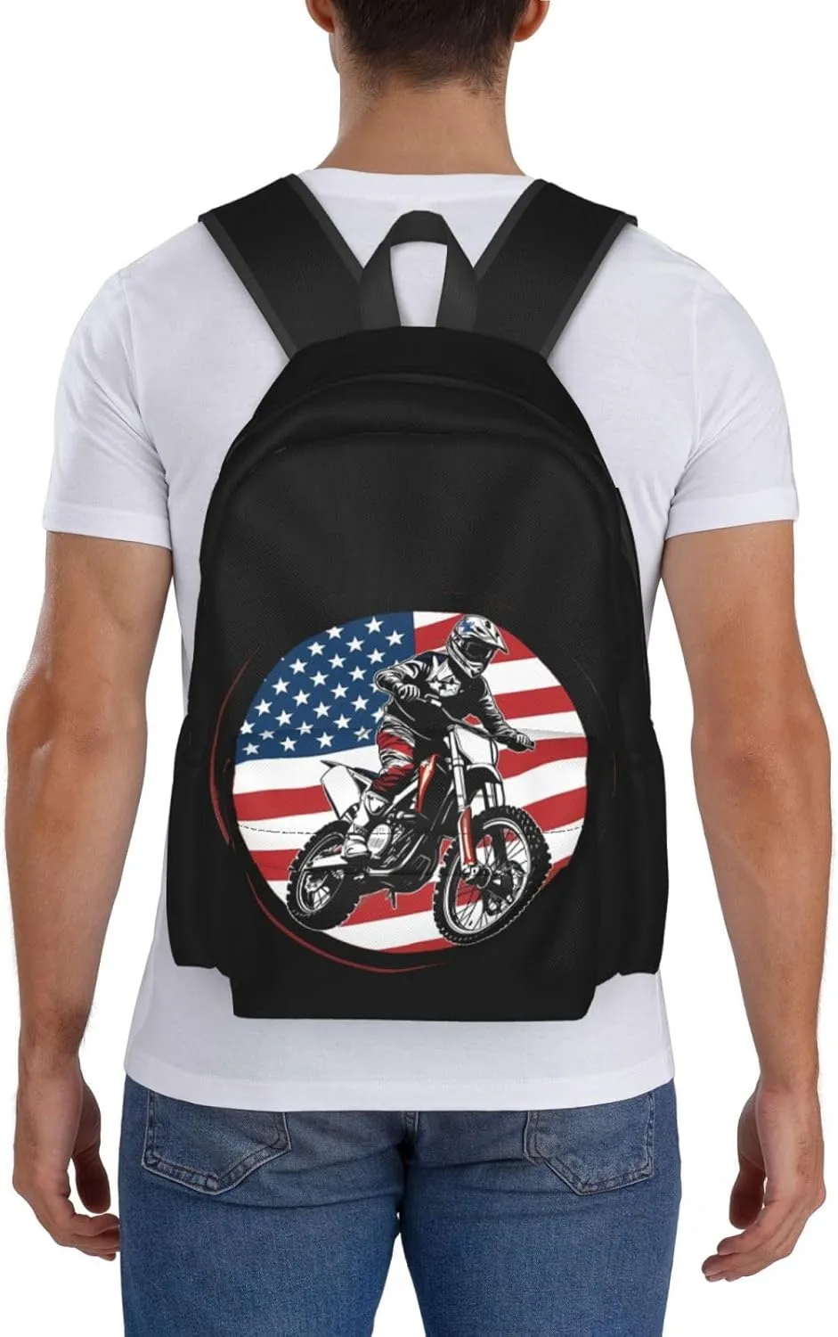 Motocross Enduro Motorbike America Flag Backpack Casual Laptop Backpack Large Capacity Double Shoulder Bag Travel Daypack For Women Men