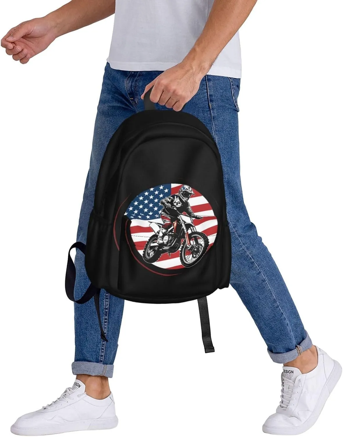 Motocross Enduro Motorbike America Flag Backpack Casual Laptop Backpack Large Capacity Double Shoulder Bag Travel Daypack For Women Men