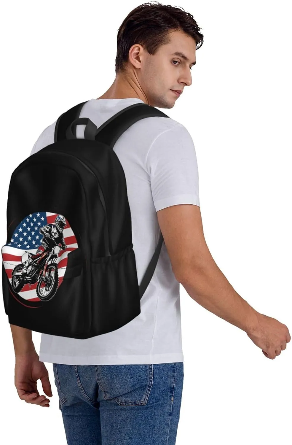 Motocross Enduro Motorbike America Flag Backpack Casual Laptop Backpack Large Capacity Double Shoulder Bag Travel Daypack For Women Men