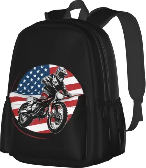Motocross Enduro Motorbike America Flag Backpack Casual Laptop Backpack Large Capacity Double Shoulder Bag Travel Daypack For Women Men