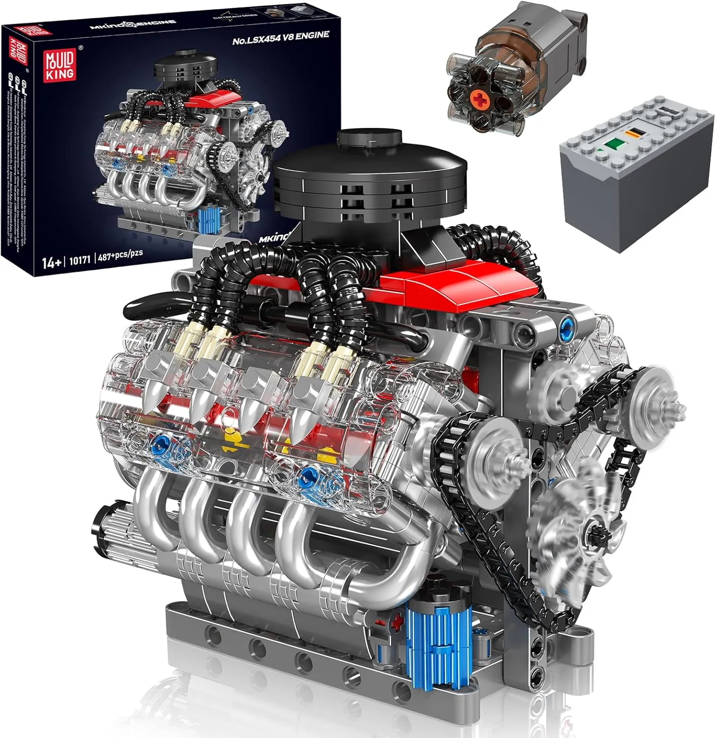 Mould King 10171 V8 Engine Building Blocks Sets, V8 Engine Model kit That Run, Build Your Own STEM Model Engine, 8-Cylinder Car Engine Building Engineering Toys for Kids/Adults Collections(487 PCS)